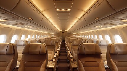 The interior of the business class section in commercial airplane. Comfort and luxury. Aesthetic design. Generative AI