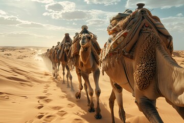 Fototapeta premium A line of camels, led by Bedouins in traditional clothing, crosses a vast expanse of sand dunes in the Sahara Desert