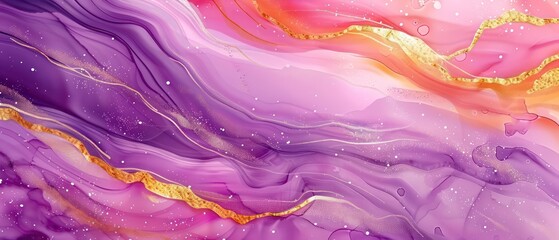 abstract wallpaper with wavy watercolor effects in purple and liquid gold, nice texture and very artistic
