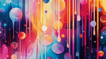 Abstract liquid drip art with vibrant colors and gradient spheres, modern digital painting. Creative expression and contemporary design concept