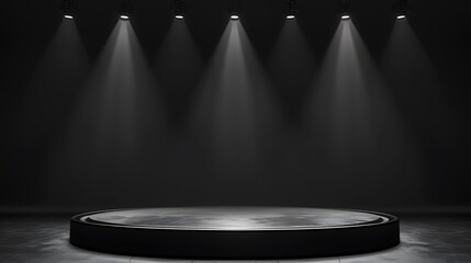 Modern podium background with sleek, minimalist design. Monochrome color scheme with soft spotlights illuminating the podium