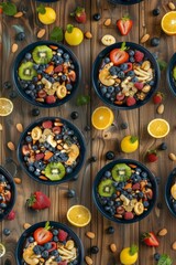 Diverse Healthy Breakfast Smoothie Bowls Topped with Fruits, Nuts, and Seeds on Rustic Wooden Tables