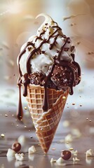 Close-up of chocolate and vanilla ice cream cone with waffle cone, chocolate syrup drizzle. Dessert and sweets concept