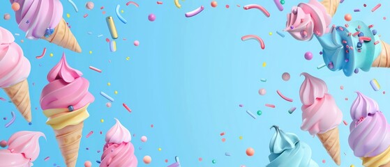 ice cream illustration wallpaper with a birthday party scene with light colors and a blank blue space in the middle
