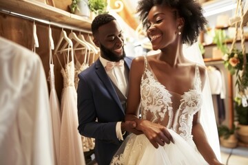 Fototapeta premium Joyful African-American Bride and Groom Shopping for Wedding Attire in a Bridal Boutique, Highlighting Luxury and Happiness