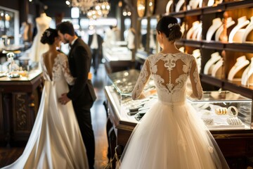 Fototapeta premium Elegant Wedding Shopping Experience: Joyful Bride and Groom Selecting Luxurious Apparel and Decorations in Upscale Boutique