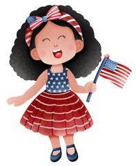 Cute American patriot girl in a 4th of July dressed, Hand holding a flag.