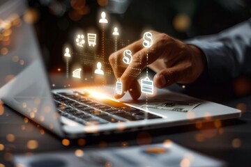 The businessman's hand uses a laptop, pointing to a virtual screen of money bag ICONS, charts or financial development charts, budgets and financial planning concepts.