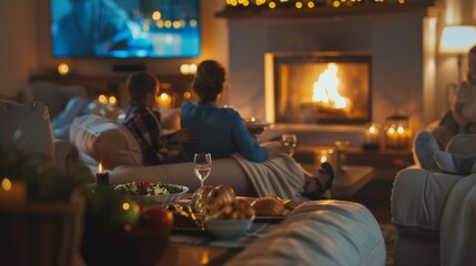 Naklejka premium Family Dinner in a Cozy Living Room: Embracing Luxury and Togetherness with a Gourmet Meal by the Fireplace