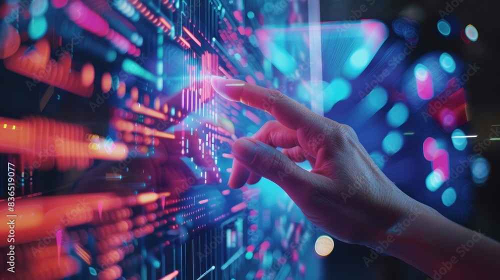 Poster fingers swiping and tapping on a futuristic digital interface with vibrant data streams and graphs, 