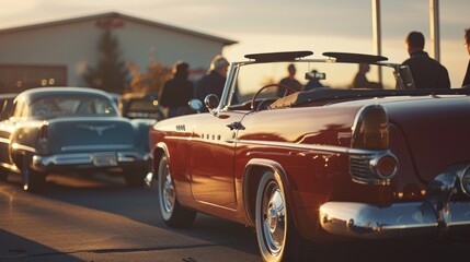 Classic convertibles lined up at a sunset gathering, showcasing their timeless elegance with people enjoying the evening.
