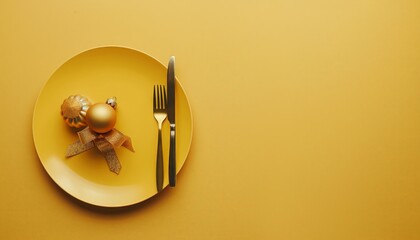 Festive New Year table on yellow background, top view plate and utensils with golden ball, stars, and pine branches in flat lay.