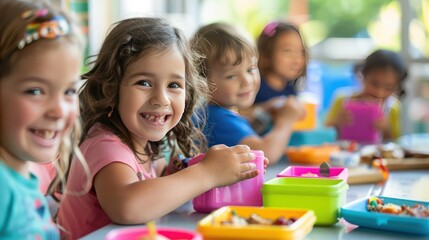 Obraz premium Preschool children eat lunch together at school, with colorful cutlery.