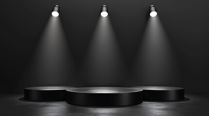 Obraz premium Modern podium background with sleek, minimalist design. Monochrome color scheme with soft spotlights illuminating the podium