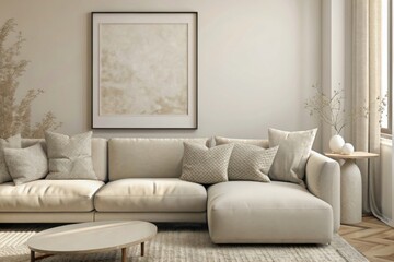Photo mockup, living room with light grey sofa and small wooden coffee table near window