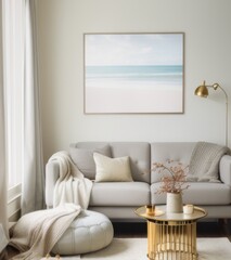 Photo mockup, living room with light grey sofa and small wooden coffee table near window