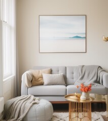Photo mockup, living room with light grey sofa and small wooden coffee table near window