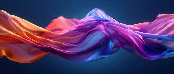 wallpaper with long textile wave flapping in the wind, with vivid iridescent colors on a blue background