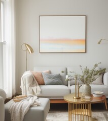 Naklejka premium Photo mockup, living room with light grey sofa and small wooden coffee table near window