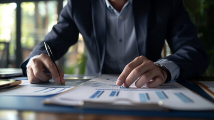 a person engaged in work at a desk. The person is dressed in business attire, wearing a dark suit jacket over a light blue shirt. Their hands are focused on handling a pen and some papers