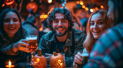 Obraz premium Halloween Party: Spooky Decorations and Costumed Friends