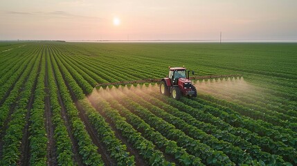  A tractor spraying soil and plant sprouts in a field. Protecting crops and promoting growth for harvest. Generative AI