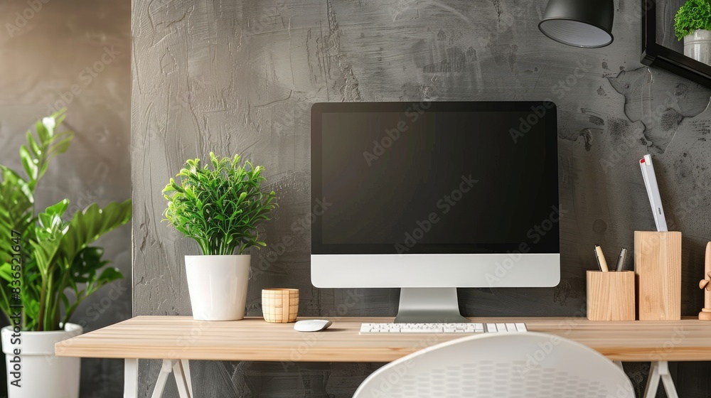 Poster modern workspace with a desktop computer and plant, providing an open area on the desk for text
