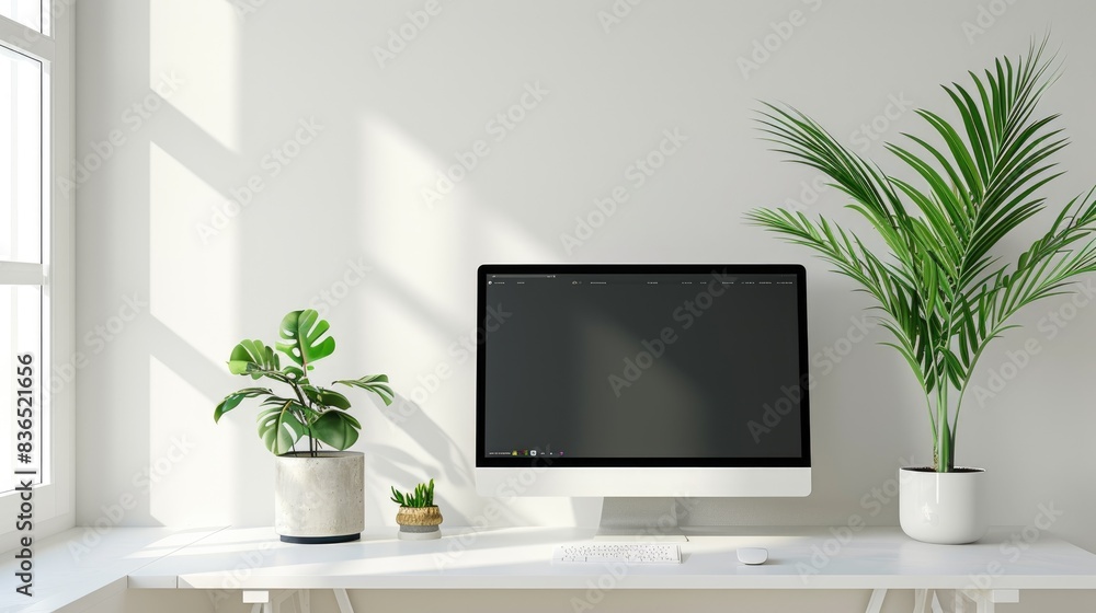 Poster modern workspace with a desktop computer and plant, providing an open area on the desk for text