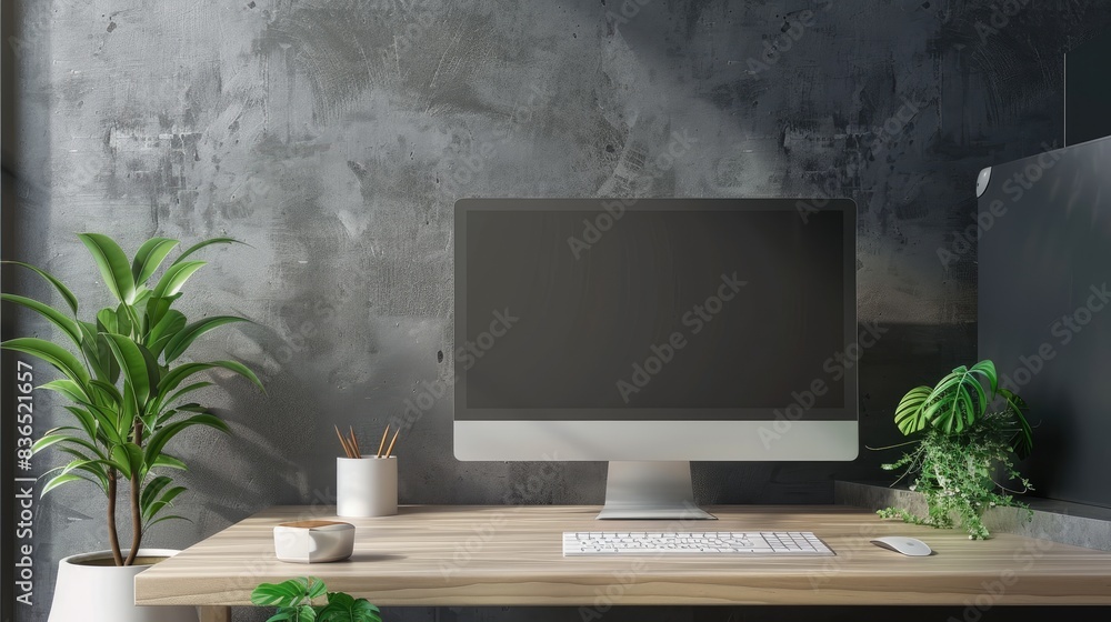 Poster modern workspace with a desktop computer and plant, providing an open area on the desk for text