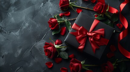 A black box with a red ribbon rests amid a bunch of red roses, set against a gray background adorned with a red bow, creating an elegant and romantic composition.





