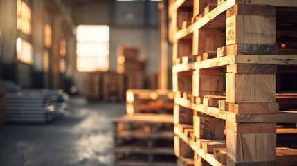 Pallets of goods in sharp focus, a blurred warehouse background bathed in noon light, captured in a close-up, technology-inspired style.