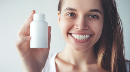 A smiling young Woman with a white jar in her hand on a white background. Photos for advertising medicines and biologically active additives.