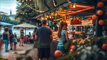 Naklejka premium Diverse Crowd Engages in Cultural Exchanges at Urban Park Evening Food Market