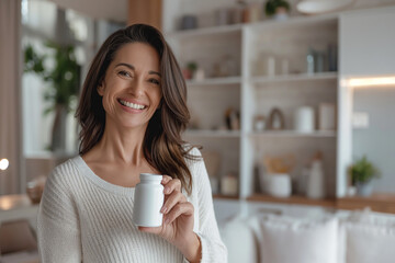A smiling 45-year-old woman with a white jar in her hand is standing in the living room. Photos for advertising medicines and biologically active additives.