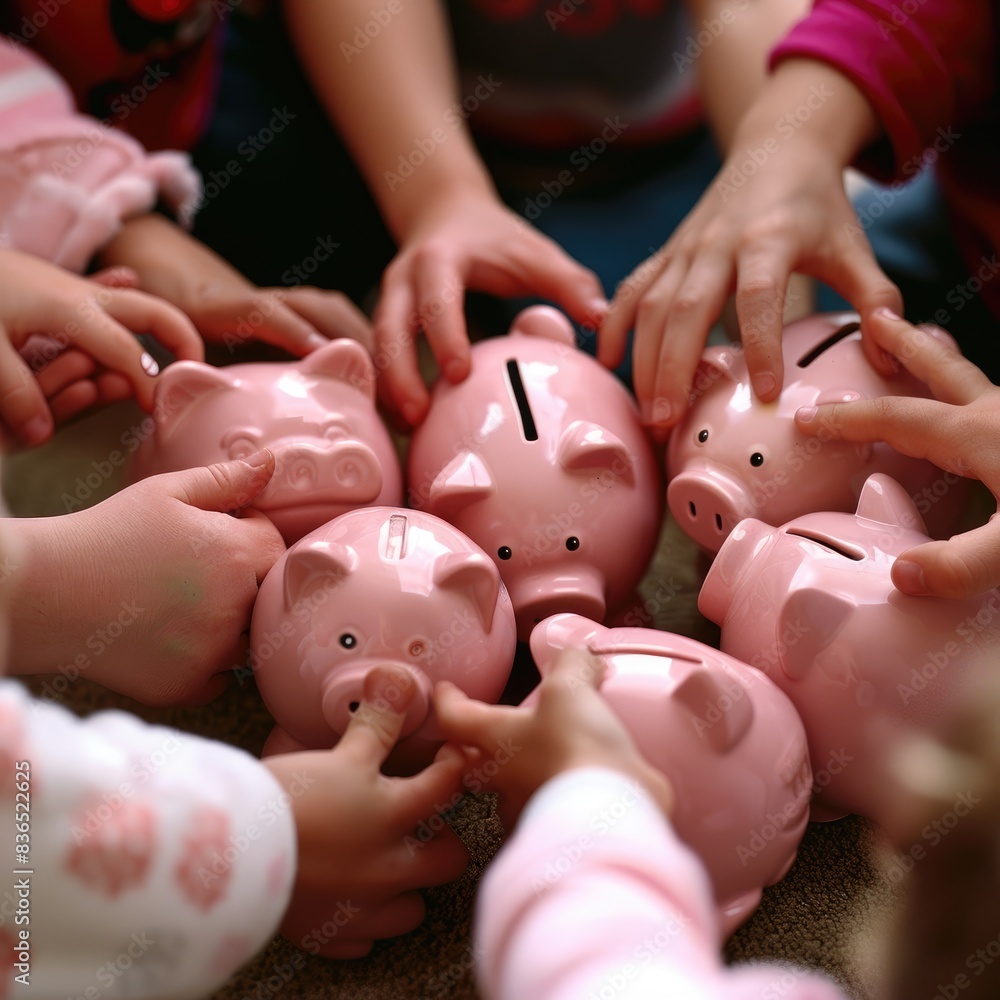 Poster the act of saving money by highlighting hands interacting with piggy banks in various appealing settings.