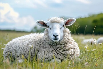 a close-up captures a sheep resting peacefully on a grassy field, its head tucked under its body,...