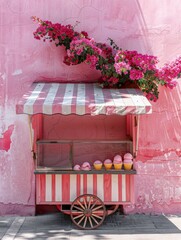 Sustainable Ice Cream Cart on National Ice Cream Day: Pastel Pink and White Aesthetics Against Eco-Friendly Backdrop