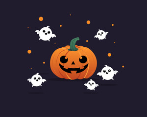 Halloween pumpkins with happy faces and little cute ghost bats. Funny Halloween spook smiling. Mystery monsters Halloween scary and friendly characters. Vector illustration