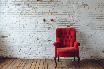 A red chair is positioned on a wooden floor, adjacent to a spotless white wall, with a brick wall behind it.






