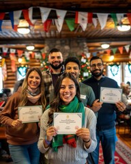 Celebratory Portrait of Diverse New Citizens Holding Certificates in a Decorated Hall with Flags