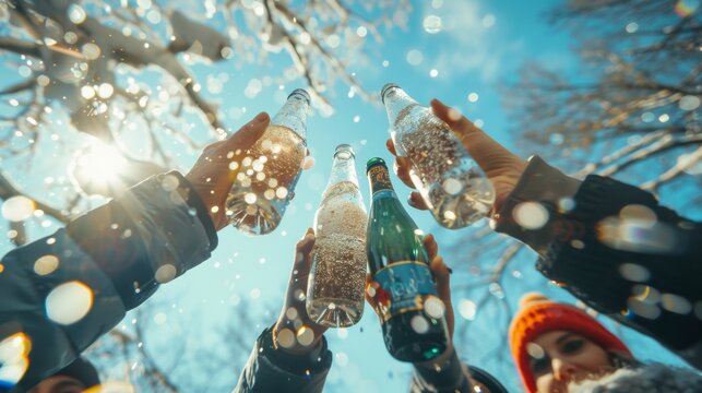 Celebratory New Year's Toast with Sparkling Water by Happy Friends Under Blue Sky, Eco-Friendly Festive Gathering