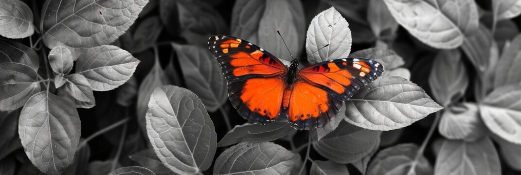 Vibrant Orange Butterfly on Monochrome Leaves: A Study of Contrast in Nature - Powered by Adobe