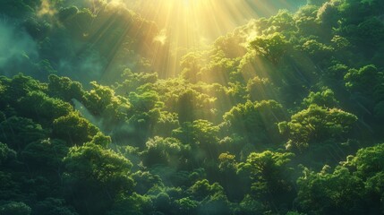 Fototapeta premium A lush forest filled with numerous trees, illuminated by a radiant sunbeam piercing through the canopies.