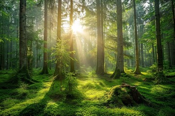 Obraz premium A lush forest filled with numerous trees, illuminated by a radiant sunbeam piercing through the canopies.