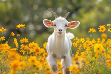 Fototapeta premium A white baby goat frolics through a vibrant field of yellow wildflowers, creating a bright and cheerful scene perfect for a summer travel stock photo.