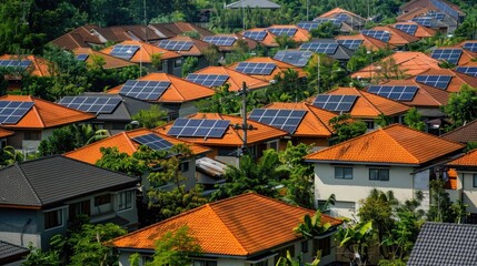 Photograph of many small solar panels on the roofs of houses in an upscale suburban neighborhood,...