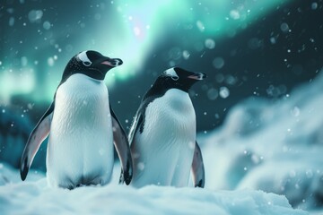Fototapeta premium Penguins on ice under the northern lights in a snowy forest. Christmas magic in a winter wonderland.