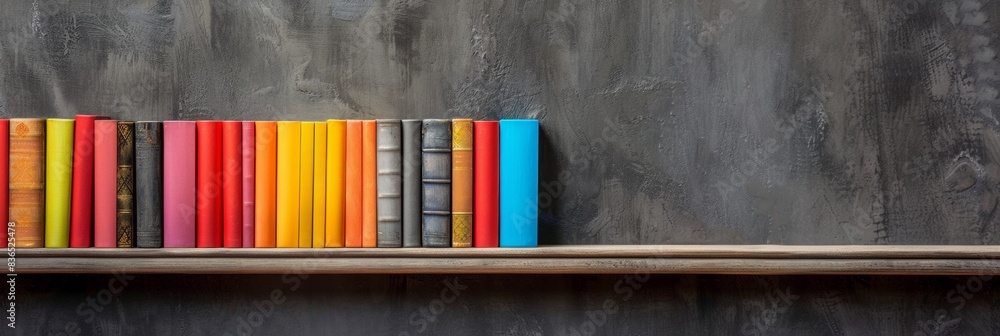 Poster rainbow collection of books on wooden shelf against gray background in soft daylight