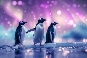 Fototapeta premium Penguins on ice under the northern lights in a snowy forest. Christmas magic in a winter wonderland.