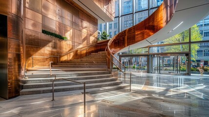 , modern architecture with copper and glass details on the facade walls, luxurious stairs leading...